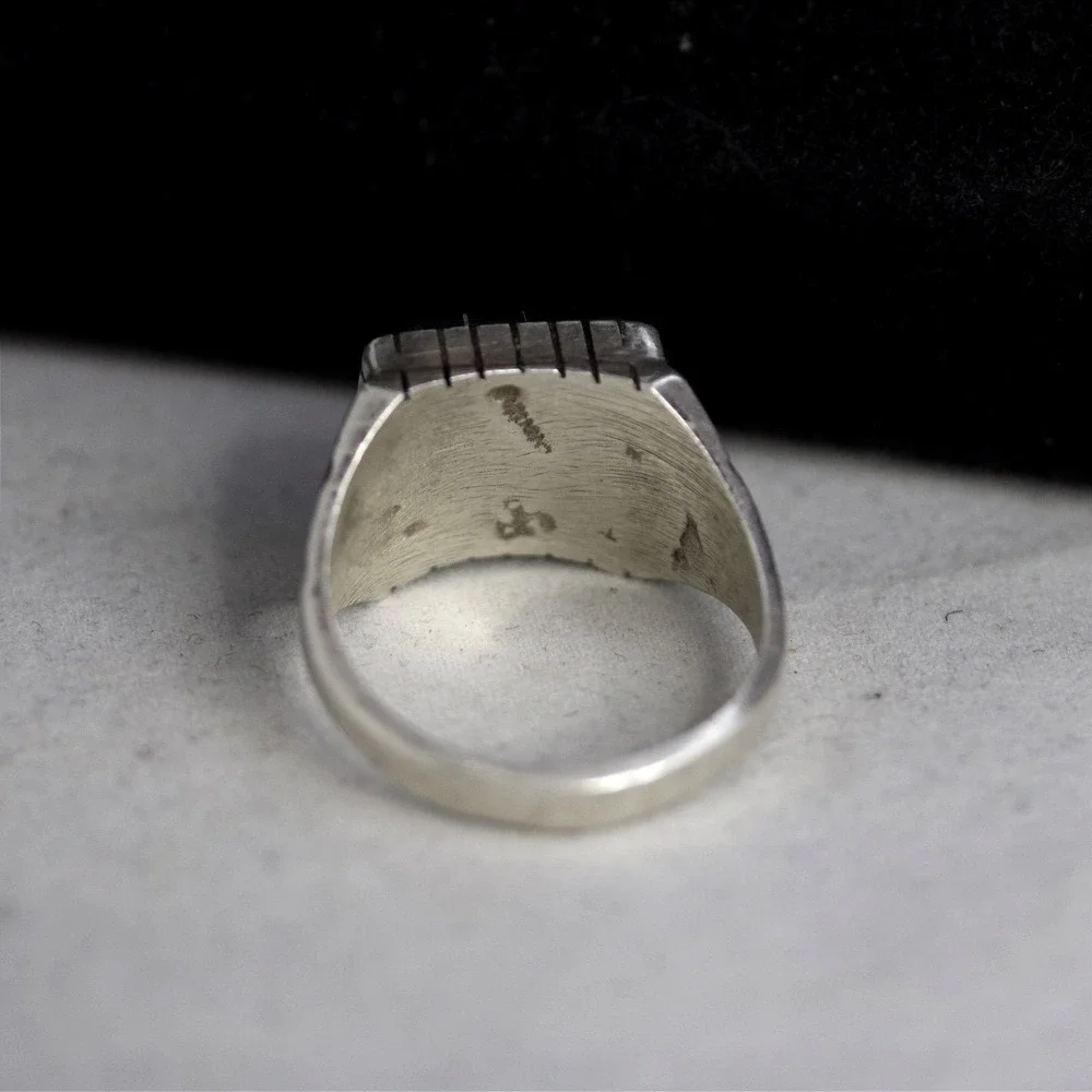 Sterling Silver Black Inlay Geometric Signet Ring Size 13 Modernist Design
